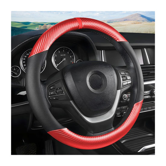 Picture of Moly Magnolia Steering Wheel Cover, Carbon Fiber Breathable Microfiber Leather with Non-Slip Lining, Cool in Summer Warm in Winter for Men Women, Universal 15 Inch for Most Cars (Carbon Fiber Red)