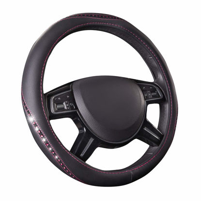 Picture of CAR PASS Bling Diamond Leather Steering Wheel Cover, Studded Crystal Rhinestones Universal Fit 14" 1/2-15" Crystal Glitter for Women Sparkle Girl Fit Suvs,Vans,Sedans,Cars,Trucks, Hot Pink Diamond