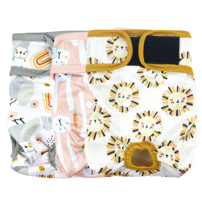 Picture of Langsprit Washable Female Dog Diapers (3 Pack) - Doggie Reusable Small Medium Large Dog Diapers for Doggy Puppy Female in Period - Highly Absorbent Dog Heat Panties (Rabbit, Owl, Lion, Small)