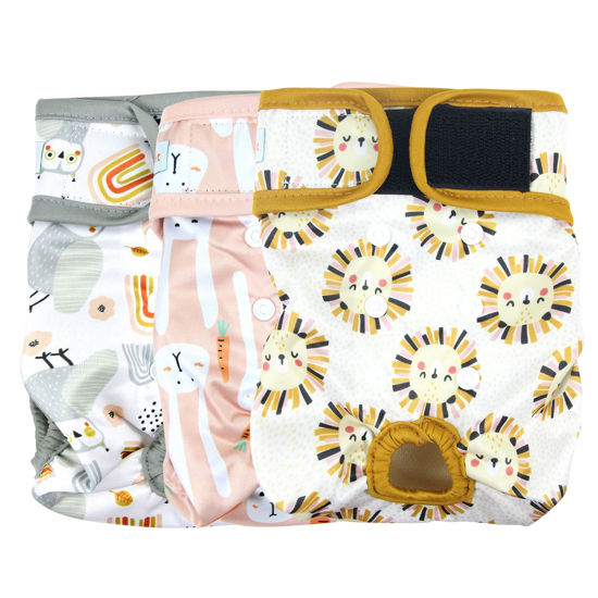 Picture of Langsprit Washable Female Dog Diapers (3 Pack) - Doggie Reusable Small Medium Large Dog Diapers for Doggy Puppy Female in Period - Highly Absorbent Dog Heat Panties (Rabbit, Owl, Lion, Small)