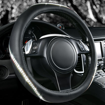Picture of CAR PASS Bling Diamond Black Leather Steering Wheel Cover, Studded Crystal Rhinestones Universal Fit 14" 1/2-15" Glitter for Women Sparkle Girl Fit Suvs,Vans,Sedans,Car,Trucks, Multicolor Diamond