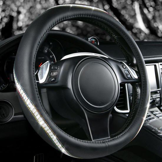 Picture of CAR PASS Bling Diamond Black Leather Steering Wheel Cover, Studded Crystal Rhinestones Universal Fit 14" 1/2-15" Glitter for Women Sparkle Girl Fit Suvs,Vans,Sedans,Car,Trucks, Multicolor Diamond