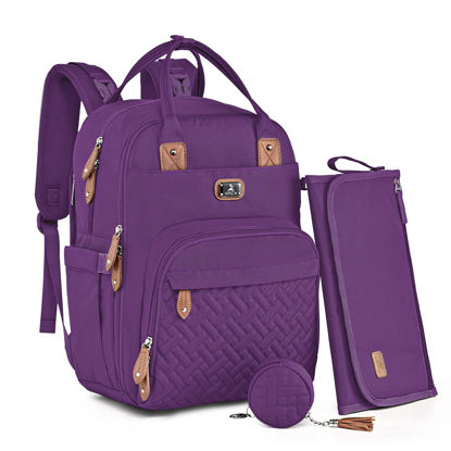 Picture of Dikaslon Diaper Bag Backpack with Portable Changing Pad, Pacifier Case and Stroller Straps, Large Unisex Baby Bags for Boys Girls, Multipurpose Travel Back Pack Moms Dads, Purple