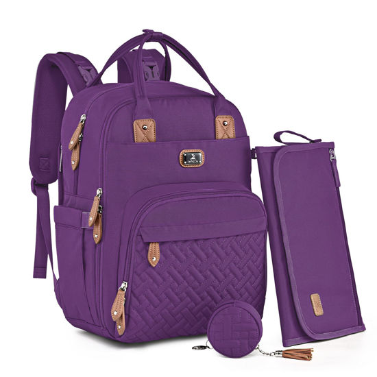 Picture of Dikaslon Diaper Bag Backpack with Portable Changing Pad, Pacifier Case and Stroller Straps, Large Unisex Baby Bags for Boys Girls, Multipurpose Travel Back Pack Moms Dads, Purple