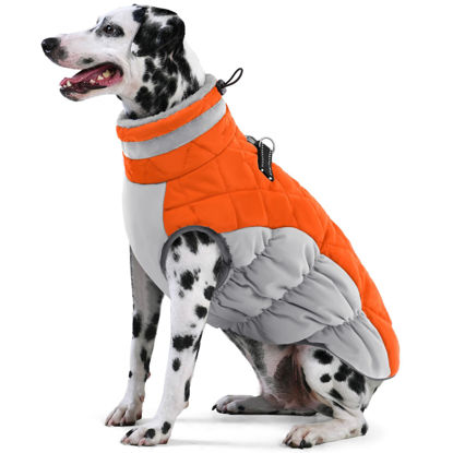 Picture of AOFITEE Dog Coat, Warm Dog Jacket Dog Winter Coats, Reflective Turtleneck Dog Fleece Vest with Harness Built in, Waterproof Windproof Dog Snow Jacket Snowsuit for Small Medium Large Dogs, Orange 2XL
