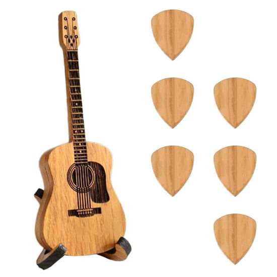 Picture of heqxwl Wooden Guitar Pick Box with 6 Pcs Wooden Guitar Picks，Mini Storage Box for Guitarists,Musician Engraved Wooden Plectrum Case,Acoustic Guitar Box for Electric Bass Guitar Ukulele Lover.