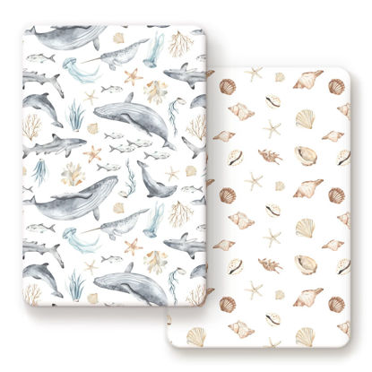 Picture of GRSSDER Stretchy Super Soft Jersey Knit Fitted Pack n Play Sheets Set 2 Pack,Portable/Mini Crib Sheets Snug and Safe,Beautiful Marine Organism for Boys and Girls