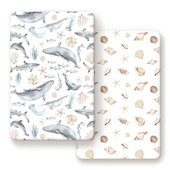 Picture of GRSSDER Stretchy Super Soft Jersey Knit Fitted Pack n Play Sheets Set 2 Pack,Portable/Mini Crib Sheets Snug and Safe,Beautiful Marine Organism for Boys and Girls