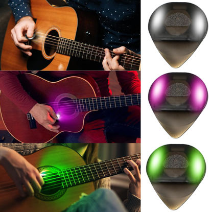 Picture of Auto LED Glowing Guitar Picks - Dazzling Colourful Illuminated Guitar Plectrum for Acoustic Electric and Bass Guitar, 0.6mm (3 Colours)