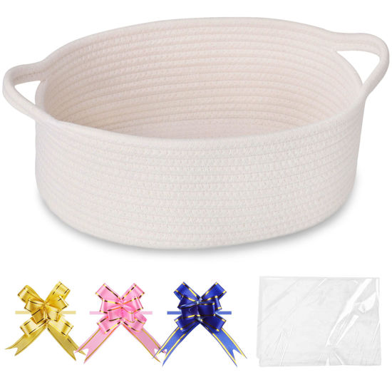 Picture of COMSE Small Woven Basket with Gift Bags and Ribbons, Gift Basket Empty, Basket for Gifts, Cotton Rope Basket for Storage, Baby Toy Basket with Handles, 12" x 8" x 5", White