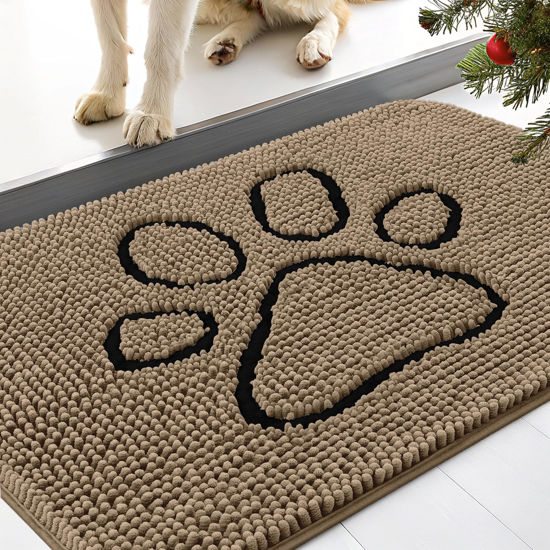 Picture of Smiry Dog Door Mat for Muddy Paws, Absorbent Dirt Trapper Non-Slip Washable Mat, Quick Dry Chenille, Mud Mat for Dogs, Entry Indoor Door Mat for Inside Floor (30x20 Inches, Camel)