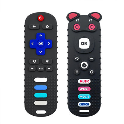 Picture of ERSIHUA 2-Pack Silicone Baby Teething Toys, TV Remote Teethers for 6-12-18 Months Infant, TV Remote Control Shape Toddlers Silicone Teethers, Chew Toys for Boys and Girls (RC+Pig Black)
