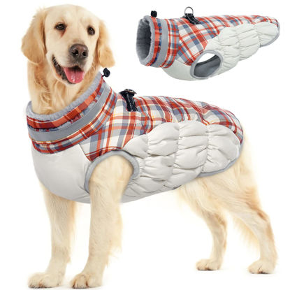 Picture of FUAMEY Dog Winter Coat,Dog Jackets with Harness Built in Dog Cold Weather Coats Dog Paded Vest Dog Apparel with Zipper on Back Pet Reflective Clothes for Small Medium Large Dogs Red Plaid M