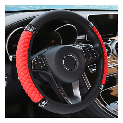 Picture of Bling Soft Leather Steering Wheel Cover, 15 Inch Colorful Rhinestones Auto Elastic Steering Wheel Protector, Sparkly Crystal Diamond for Women Girls, Car Accessories for Most Cars (Red)