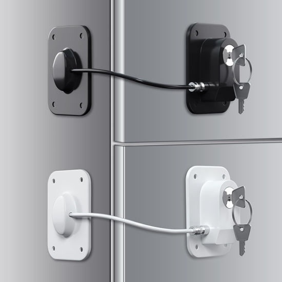 Picture of RORMGO Refrigerator Lock 2 Packs, Fridge Lock with Silicone Wire Protection Fridge Locks for Kids Easy to Use and Install Fridge Locks with Key Surface-Friendly Freezer Lock, Black & White