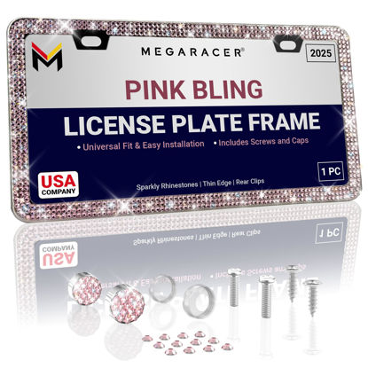 Picture of Pink Bling License Plate Frame Women Rhinestone Diamond Sparkly Glitter Crystal Bedazzled Chrome Metal Slim Silver Glass Cute Stainless Steel Cover Holder Porta Placas para Auto Accessory (1 Piece)