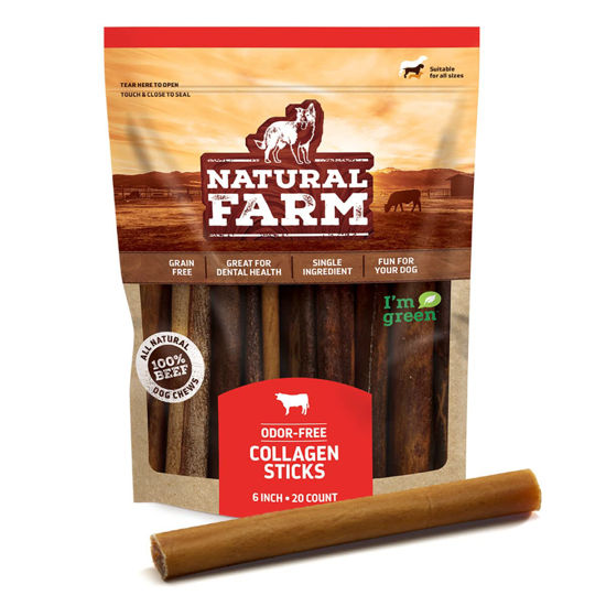 Picture of Natural Farm Collagen Sticks (6 Inch, 20 Pack). Odor-Free, 95% Natural Collagen Dog Chews, Supports Healthy Joints, Skin & Coat - Best Rawhide Alternative for Small & Medium Dogs