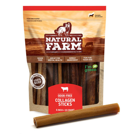 Picture of Natural Farm Collagen Sticks (6 Inch, 15 Pack). Odor-Free, 95% Natural Collagen Dog Chews, Supports Healthy Joints, Skin & Coat - Best Rawhide Alternative for Small & Medium Dogs