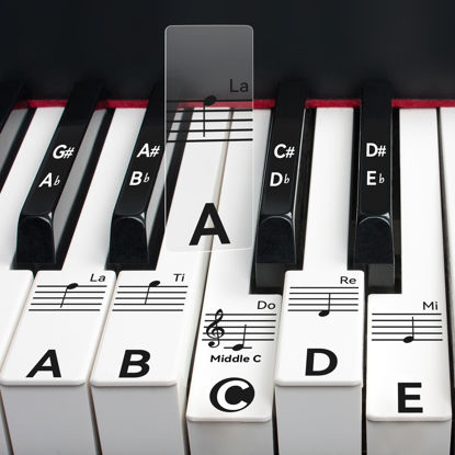 Picture of runzoos 2 Sheets Piano Key Stickers for 88/76/61/54/49 Keys, Removable Piano Stickers for Beginners, Piano Keyboard Stickers for Kids, Keyboard Stickers for Piano Keys, Piano Key Labels Notes (Black)