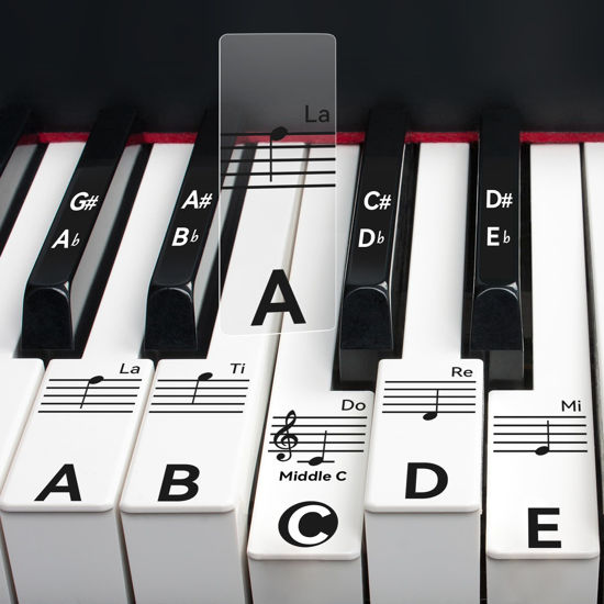 Picture of runzoos 2 Sheets Piano Key Stickers for 88/76/61/54/49 Keys, Removable Piano Stickers for Beginners, Piano Keyboard Stickers for Kids, Keyboard Stickers for Piano Keys, Piano Key Labels Notes (Black)
