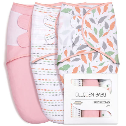 Picture of GLLQUEN BABY Swaddle Blankets for Baby Girls, 3-6 Months, Orange Pink Feather & Wave Point, 3 Pack Wrap Set, Newborn Adjustable Swaddles Sleep Sack, (Medium/Large)