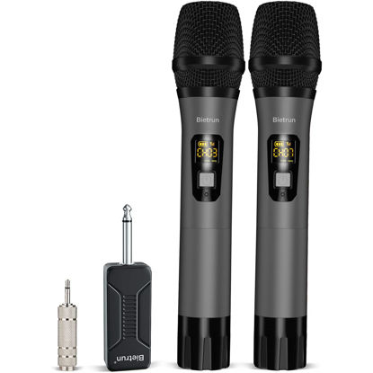 Picture of Wireless Microphone, Bietrun UHF Metal Dual Handheld Cordless Dynamic Mic System with Rechargeable Receiver, 1/4‘’Output, for Karaoke, Church, Speech, Wedding, Party Singing(160 ft Range)-Auto Connect