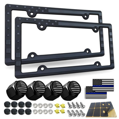 Picture of BGGTMO American Flag License Plate Frames- Patriotic USA Stars and Stripes Plastic Car Tag Holder Cover (Gloss on Matte Black) with Screws