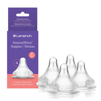 Picture of Lansinoh NaturalWave Baby Bottle Nipples - 100% Soft, Durable Silicone, Made Without BPA BPS, Anti-Colic, Supports The Baby’s Developing Mouth and Teeth, Fast Flow, Size F, 4 Count, 6+ Months