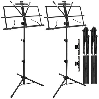 Picture of 2 Pack Music Stand, 2 in 1 Dual-Use Folding Sheet Music Stand, Lightweight Portable Adjustable Desktop Book Stand with Music Sheet Clip Holder & Carrying Bag(2 Pack Black)