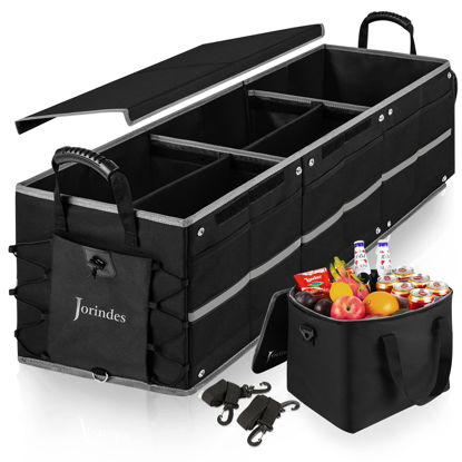 Picture of Collapsible Trunk Organizer for Car with Insulated Leak proof Cooler Bag, 3 Compartments SUV Cargo Organizer Removable Dividers, 5 in1 Car Storage Organizer with Foldable Lid,2 Tie-Down Straps(Black)
