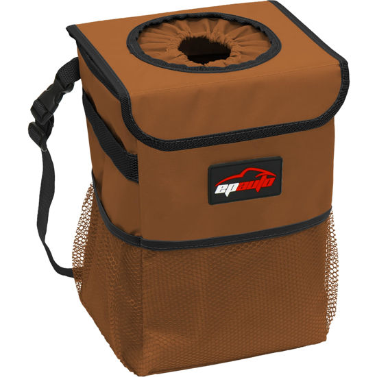 Picture of EPAuto Waterproof Car Trash Can with Lid and Storage Pockets, Brown