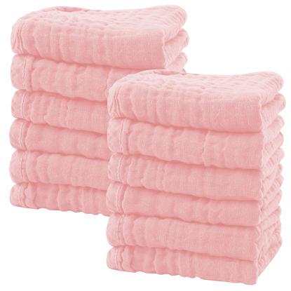 Picture of SWEET DOLPHIN 12 Pack Baby Muslin Washcloths - Soft Face Cloths for Newborn, Absorbent Bath Wash Cloths, Wipes, Burp Rag - Toddlers Essentials Stuff, Baby Registry as Shower -10"x10", Pink