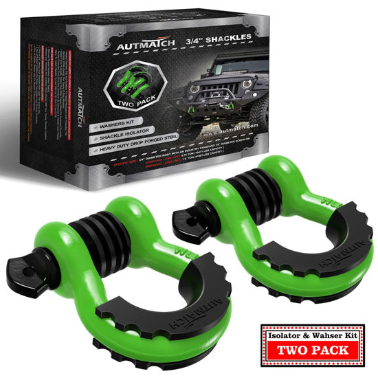 Picture of AUTMATCH D Ring Shackle 3/4" Shackles (2 Pack) 41,887Ibs Break Strength with 7/8" Screw Pin and Shackle Isolator Washers Kit for Tow Strap Winch Off Road Vehicle Recovery Green & Black