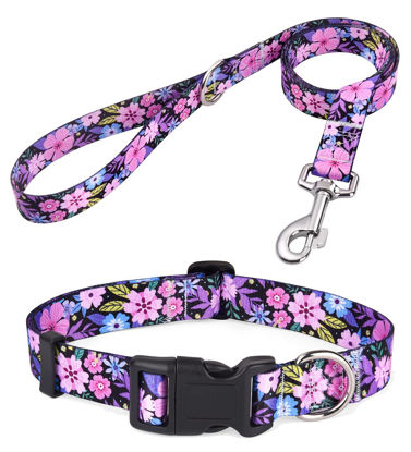 Picture of Mihqy Dog Collar and Leash Set with Bohemia Floral Tribal Geometric Patterns - Soft Ethnic Style Collar Adjustable for Small Medium Large Dogs(Pink Floral Set,M)