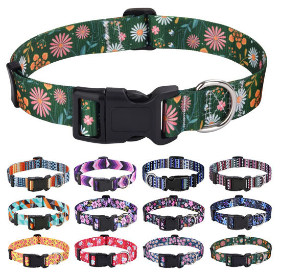 Picture of Mihqy Dog Collar with Bohemia Floral Tribal Geometric Patterns - Soft Ethnic Style Collar Adjustable for Small Medium Large Dogs(Dark Green Flower,XS)
