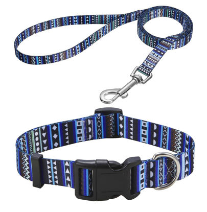 Picture of Mihqy Dog Collar and Leash Set with Bohemia Floral Tribal Geometric Patterns - Soft Ethnic Style Collar Adjustable for Small Medium Large Dogs(Bohemian Blue Set,XS)