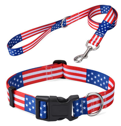 Picture of Mihqy American Flag Dog Collar and Leash Set- Patriotic, US Flag Pattern, Star & Stripes, Fourth of July Dog Collar, Adjustable for Small Medium Large Dogs(Classic US Set,L)
