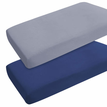 Picture of Pack and Play Sheets Fitted 2 Pack Mini Crib Sheets for Baby Boys Girls, Portable Playard Sheet, Ultra Soft Microfiber Playpen Sheets Compatible with Graco Pack N Play, Grey and Navy