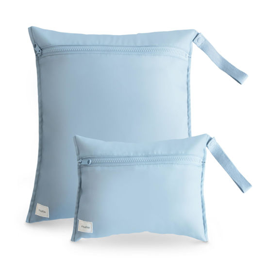 Picture of mushie Water Resistant Wet Bags | Large & Small Reusable Storage Bag for Baby Items and Travel | Zippered Pockets with Handle | Machine Washable, Set of 2 (Tradewinds)