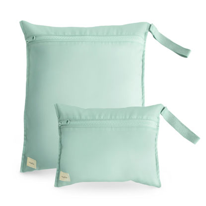 Picture of mushie Water Resistant Wet Bags | Large & Small Reusable Storage Bag for Baby Items and Travel | Zippered Pockets with Handle | Machine Washable, Set of 2 (Roman Green)