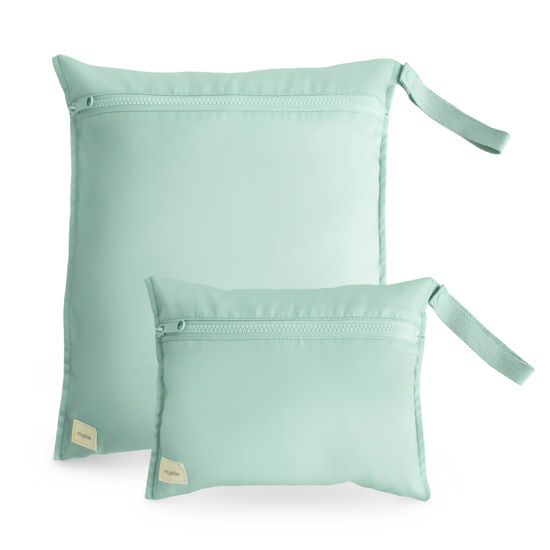 Picture of mushie Water Resistant Wet Bags | Large & Small Reusable Storage Bag for Baby Items and Travel | Zippered Pockets with Handle | Machine Washable, Set of 2 (Roman Green)