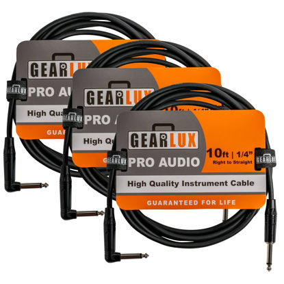 Picture of Gearlux Instrument Cable/Guitar Cable, 1/4-inch Right to 1/4-inch Straight, Black, 10-Feet - 3 Pack
