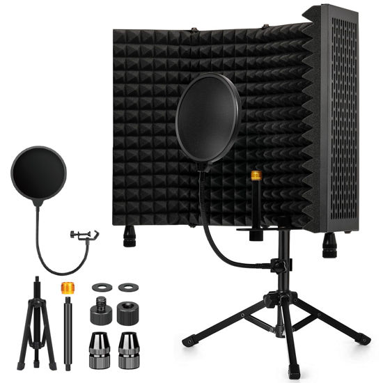 Picture of Dmsky Recording Microphone Isolation Shield with Pop Filter & Tripod Stand,Foldable Mic Shield with Triple Sound Insulation, High Density Mic Sound Shield for Studio, Podcasts, Singing,Broadcasting