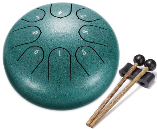 Picture of LEKATO Rain Drum For Outside Garden, 6 Inches 8 Notes Steel Tongue Drum for Beginner, Handpan Drum Percussion Christmas Birthday Gift, C Key,with Song Book, Drum Mallets, Green
