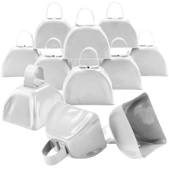 Picture of Metal Cowbells - White 3 Inch Cow Bells Noise Makers, Loud Call Bell with Handles for Sporting Events, Cheering, Team Spirit, Noisemakers, Weddings, (Pack of 12)