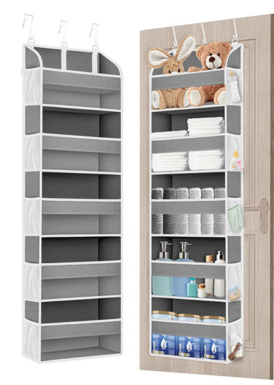 Picture of TAHAVICE 1 Pack Over The Door Storage Organizer with 5 Pockets 10 Mesh Side Pockets, 44 lbs Weight Capacity Door Hanging Organizers and Storage for Bedroom,Bathroom,Nursery,Pantry,Dorm(Light Gray)