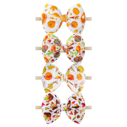 Picture of YanJie Hairband, Nylon Thanksgiving Baby Girls Headbands with 4.5in Bow, Handmade Stretch Pumpkin Hairbands Hair Bows Fall Gift for Girls Infants Toddlers Child