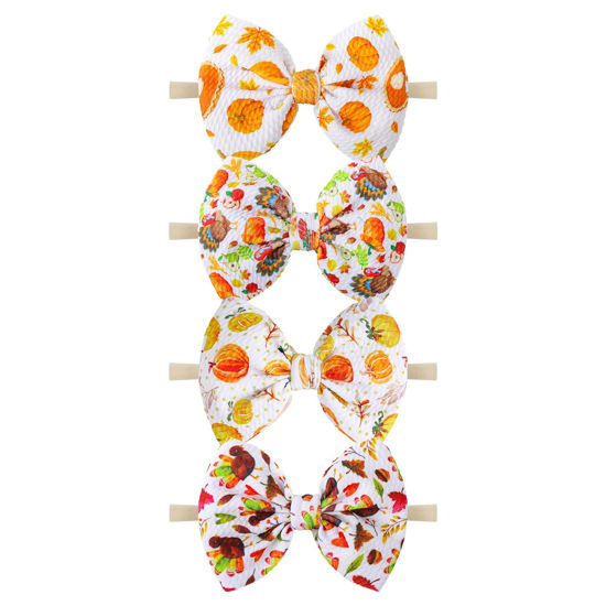 Picture of YanJie Hairband, Nylon Thanksgiving Baby Girls Headbands with 4.5in Bow, Handmade Stretch Pumpkin Hairbands Hair Bows Fall Gift for Girls Infants Toddlers Child