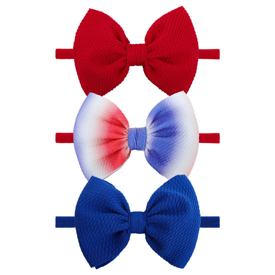 Picture of YanJie 4th of July Headband for Baby Girls and Toddlers - Red, White, and Blue Nylon Bows Accessories