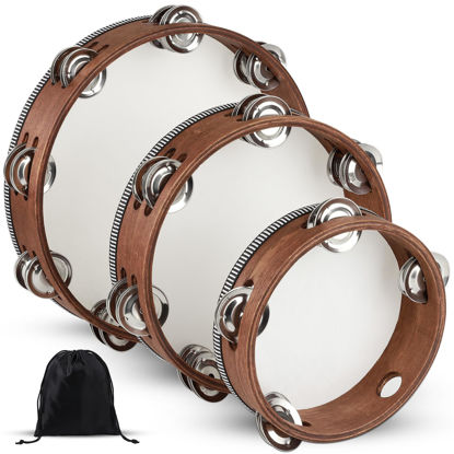 Picture of Tambourine, Tambourines for Adults, 3 PCS Wooden Hand Held Percussion Tambourine with Storage Bag, Tambourines Musical Instrument for Church, Wedding, Party, Dance, Photo Shoot(6+8+10 Inches)
